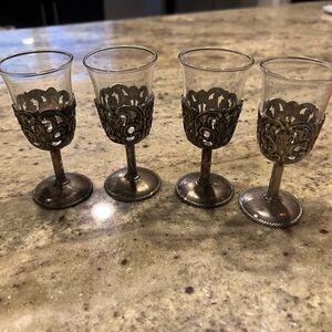 Set 4 Vintage Clear Glass Cordial Silver Stemmed Holders 4" Marked Lot Goblets